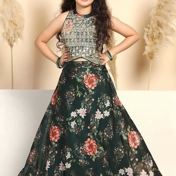 Joban Fashion Girl's Bottle Green Color Lehenga Choli