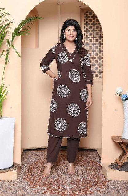 Miravan Womens Brown Animal Printed Kurta With Palazzo - Dista