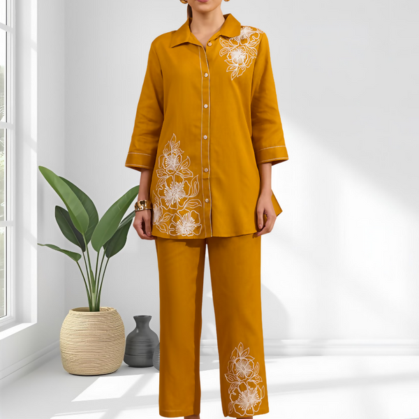 Joban Fashion Mustard Cotton, Linen Embroidered Readymade Cord Set - Distacart