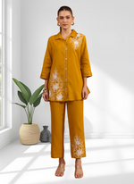 Thumbnail for Joban Fashion Mustard Cotton, Linen Embroidered Readymade Cord Set - Distacart