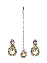 Thumbnail for Tear Drop Dual Tone Kundan Maang Tikka with Earrings Jewellery Set (silver) - Ruby Raang - Distacart