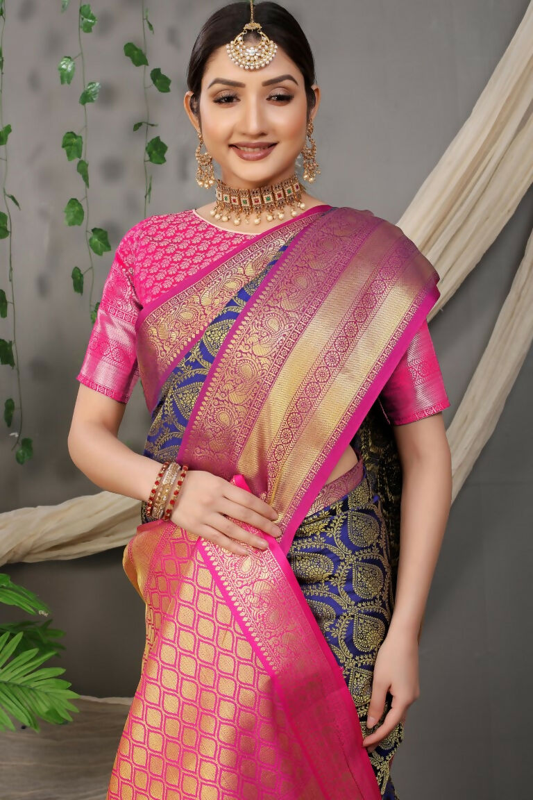 Jyoti Fashion Women's Navy Blue Kanjivaram Silk Zari Woven Saree with Blouse - Distacart