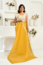 Thumbnail for Vastranavya Yellow Digital Printed Linen Ready To Wear Designer Saree with Unstitched Blouse - Distacart
