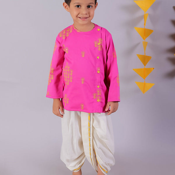 Lil Drama Janmashtami Pink Boys Cotton Kurta and White Dhoti Ethnic Set - Distacart