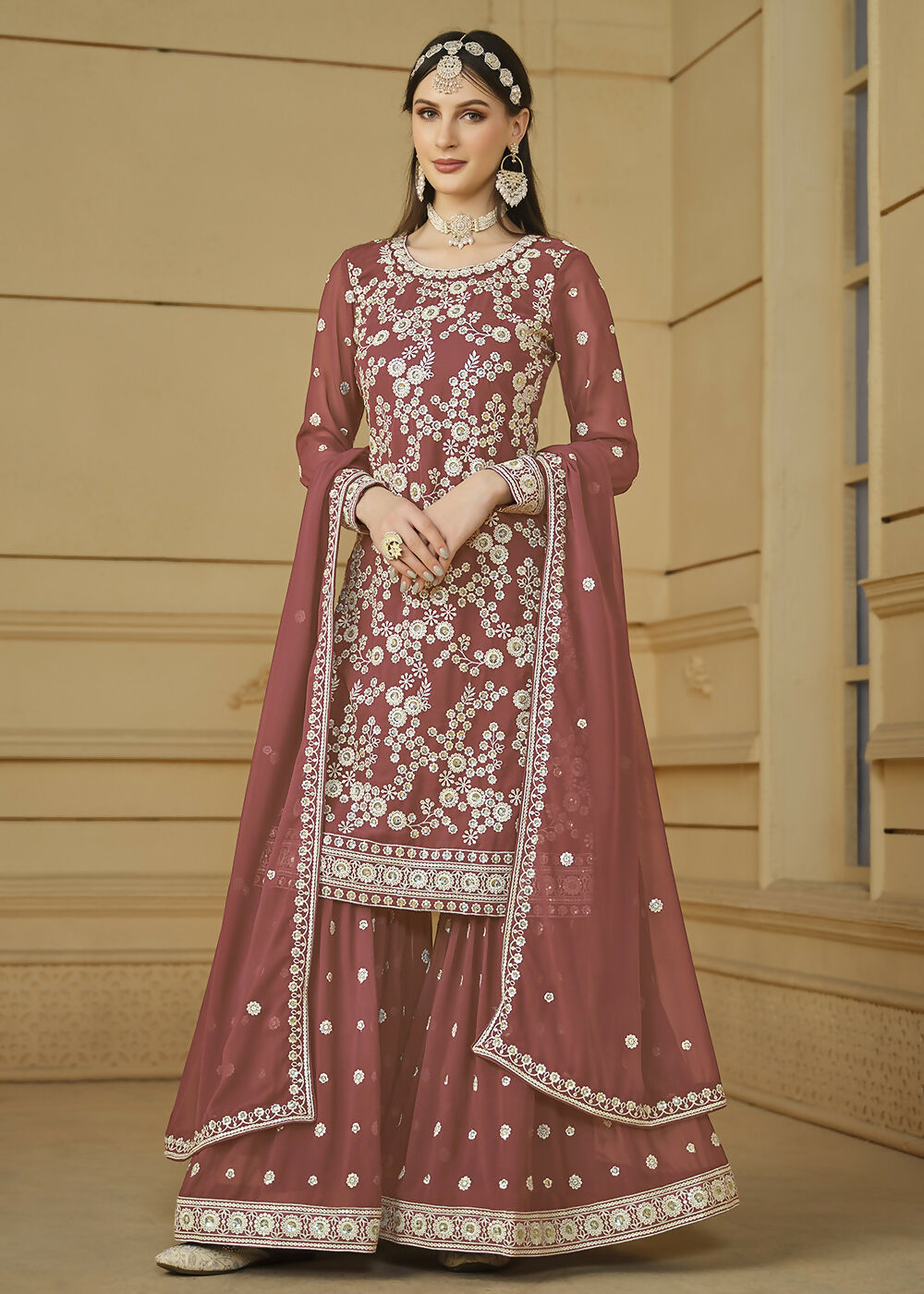 Rust Brown Embroidered Georgette Gharara Style Suit - Emponline - Distacart