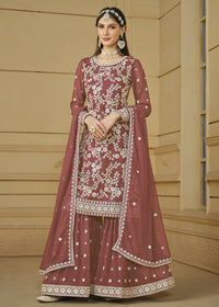 Thumbnail for Rust Brown Embroidered Georgette Gharara Style Suit - Emponline - Distacart