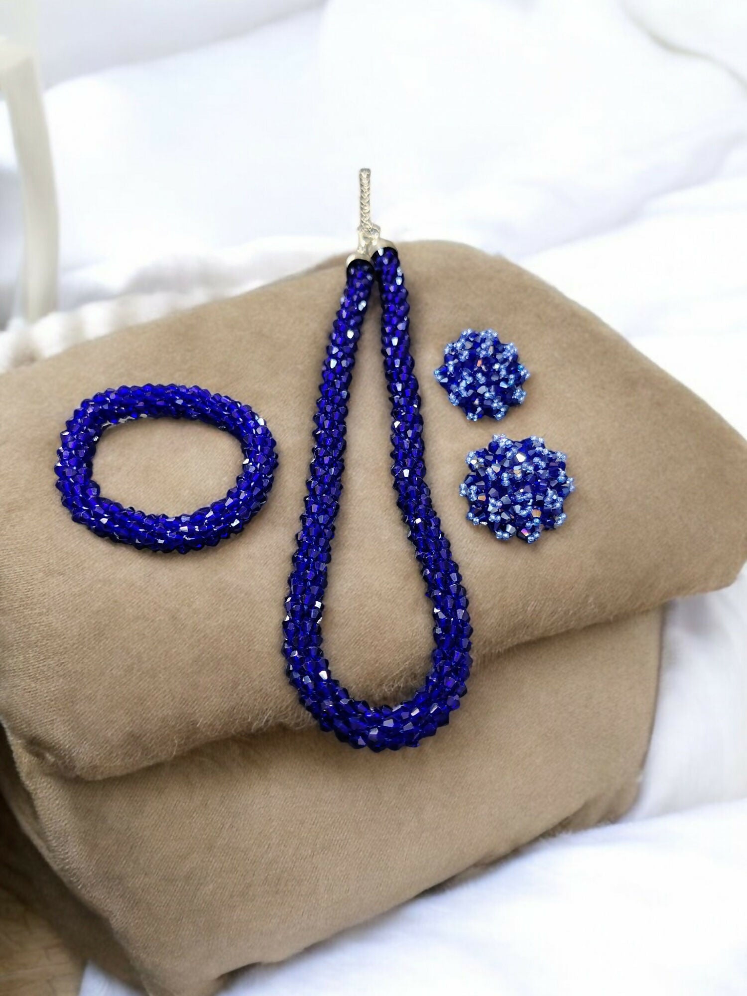 Inhanns Complete Look Crystal Statement 3-Piece Set (Adjustable Necklace + Earrings + Adjustable Bangle ) - Blue - Distacart