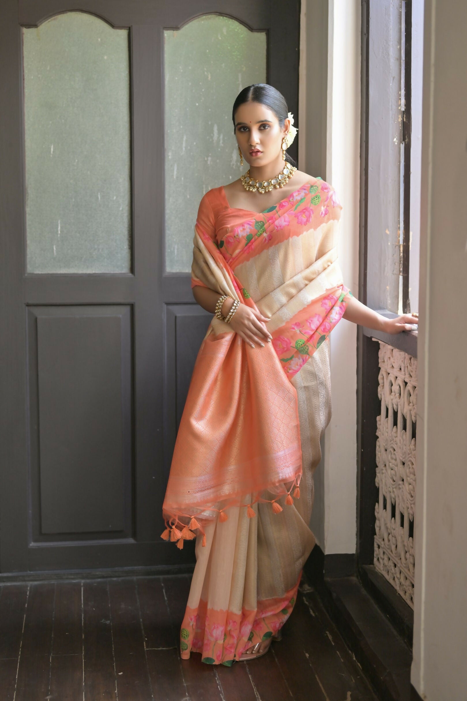 Vishnu Weaves Women's Orange Banarasi Silk Saree with Blouse - Distacart
