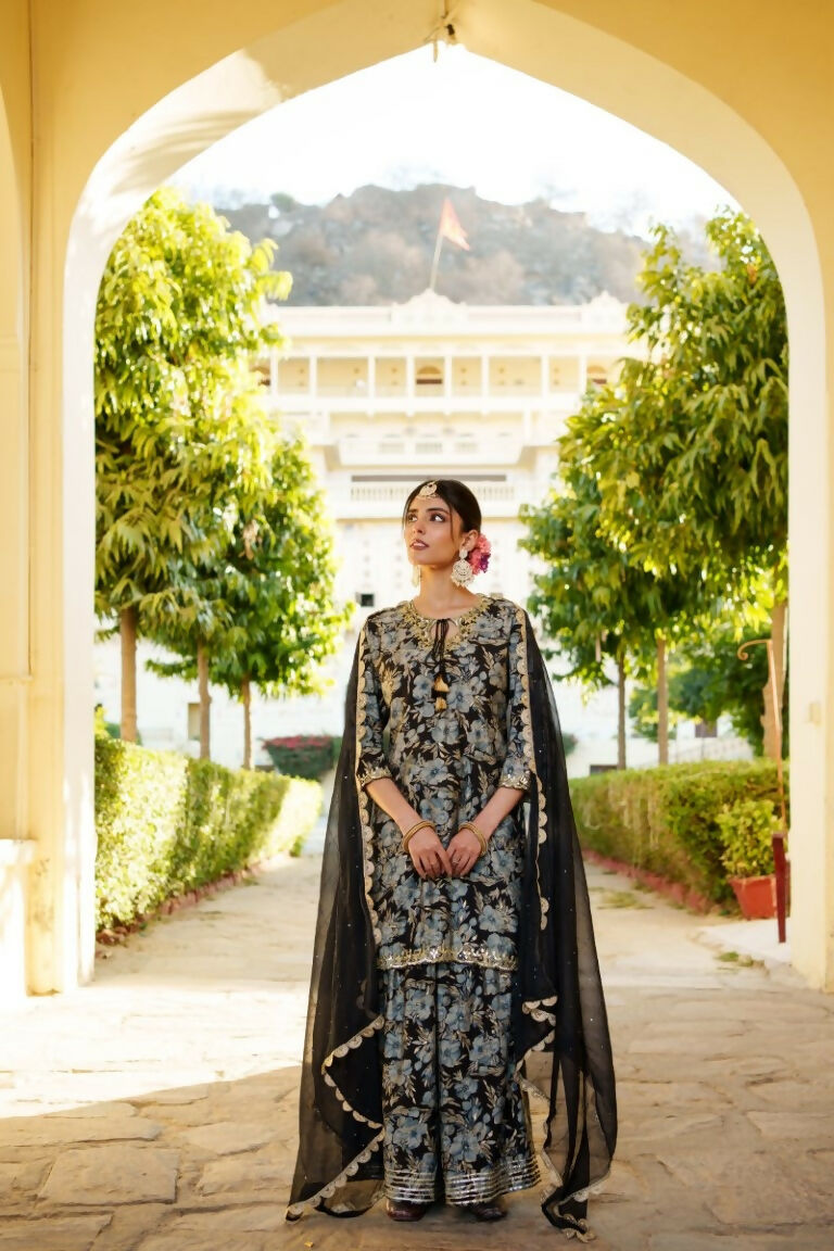 Vaasva Women Navy Blue Muslin Floral & Embroidered Cut Work Kurta ,Sharara & Dupatta set - Distacart