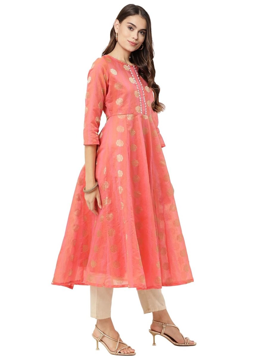 Ahalyaa Women Peach Chanderi Jacquard Woven Dress