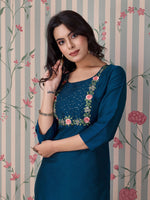 Thumbnail for Ode by House of Pataudi Women Round Neck Three-Quarter Sleeves Embroidered Straight Kurta - Distacart