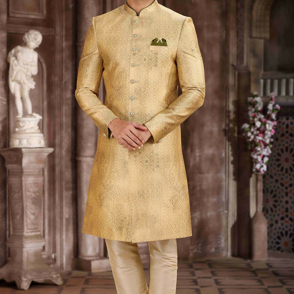 Raivat Ethnic Art Silk Digital Print Sherwani In Yellow Colour