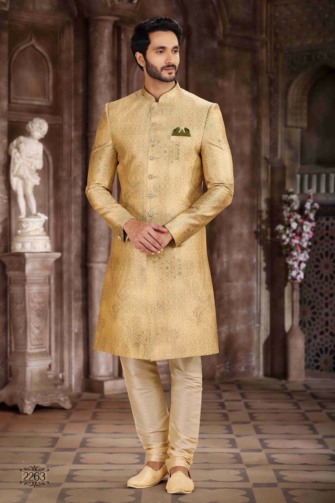 Raivat Ethnic Art Silk Digital Print Sherwani In Yellow Colour