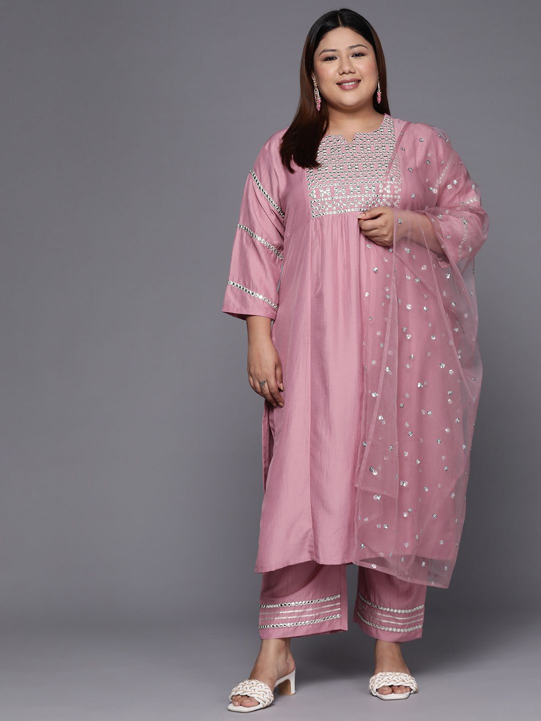 Sztori Plus Size Ethnic Motifs Embroidered Mirror Work Straight Kurta & Trousers & Dupatta - Distacart
