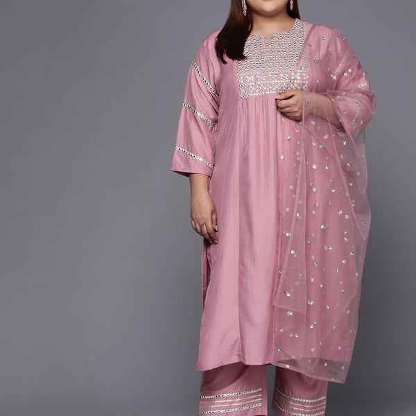 Sztori Plus Size Ethnic Motifs Embroidered Mirror Work Straight Kurta & Trousers & Dupatta - Distacart