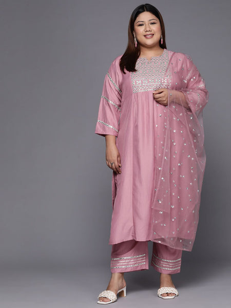 Sztori Plus Size Ethnic Motifs Embroidered Mirror Work Straight Kurta & Trousers & Dupatta - Distacart