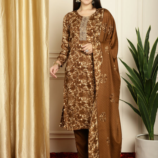 Jyoti Fashion Women's Brown Pashmina Floral Digital Printed Kurta with Trouser & Dupatta - Distacart