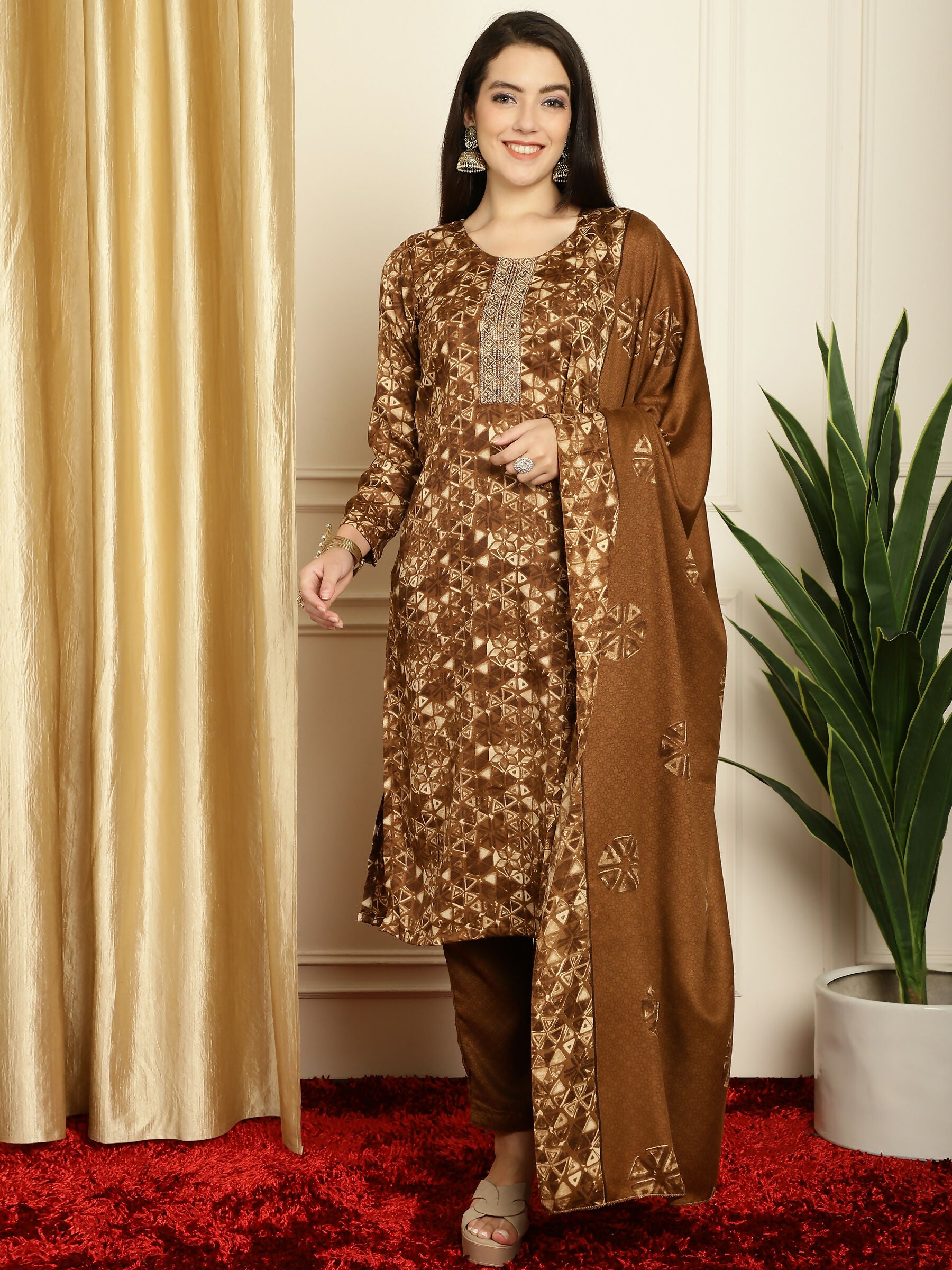 Jyoti Fashion Women's Brown Pashmina Floral Digital Printed Kurta with Trouser & Dupatta - Distacart