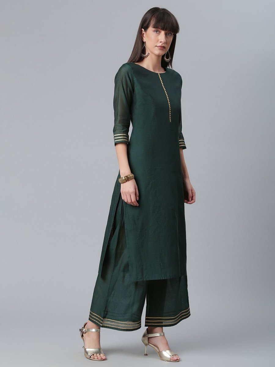 Ahalyaa Dark Green Chanderi Solid Kurta With Palazzo And Dupatta Set