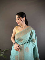 Thumbnail for Joban Fashion Sky Blue Floral & Paisley Linen Silk Banarasi Saree - Distacart
