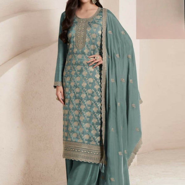 Anaita Sky Blue Viscose Muslin Stitched Suit with Sequence & Zari Work - Distacart