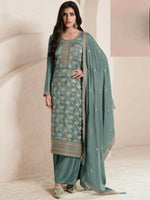 Thumbnail for Anaita Sky Blue Viscose Muslin Stitched Suit with Sequence & Zari Work - Distacart