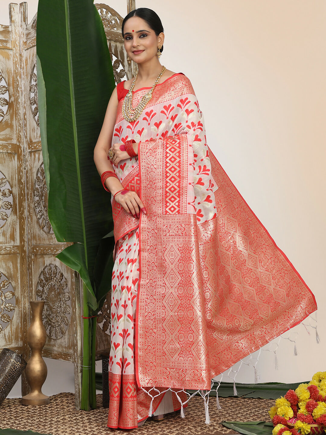Astita Linen Cotton Red & White Saree