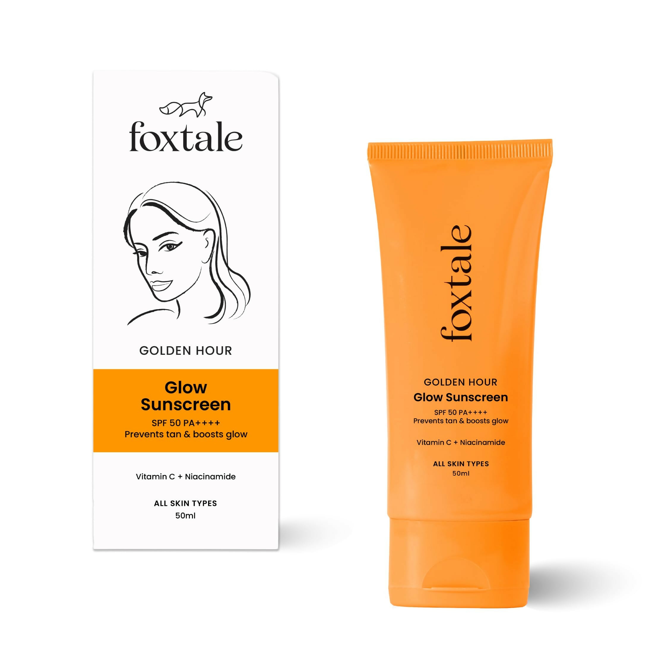 Foxtale Glow Sunscreen SPF 50 PA++++ Lightweight With Vitamin C And Niacinamide For a Dewy Glow, UVA And UVB Filters Prevents Tan - Distacart