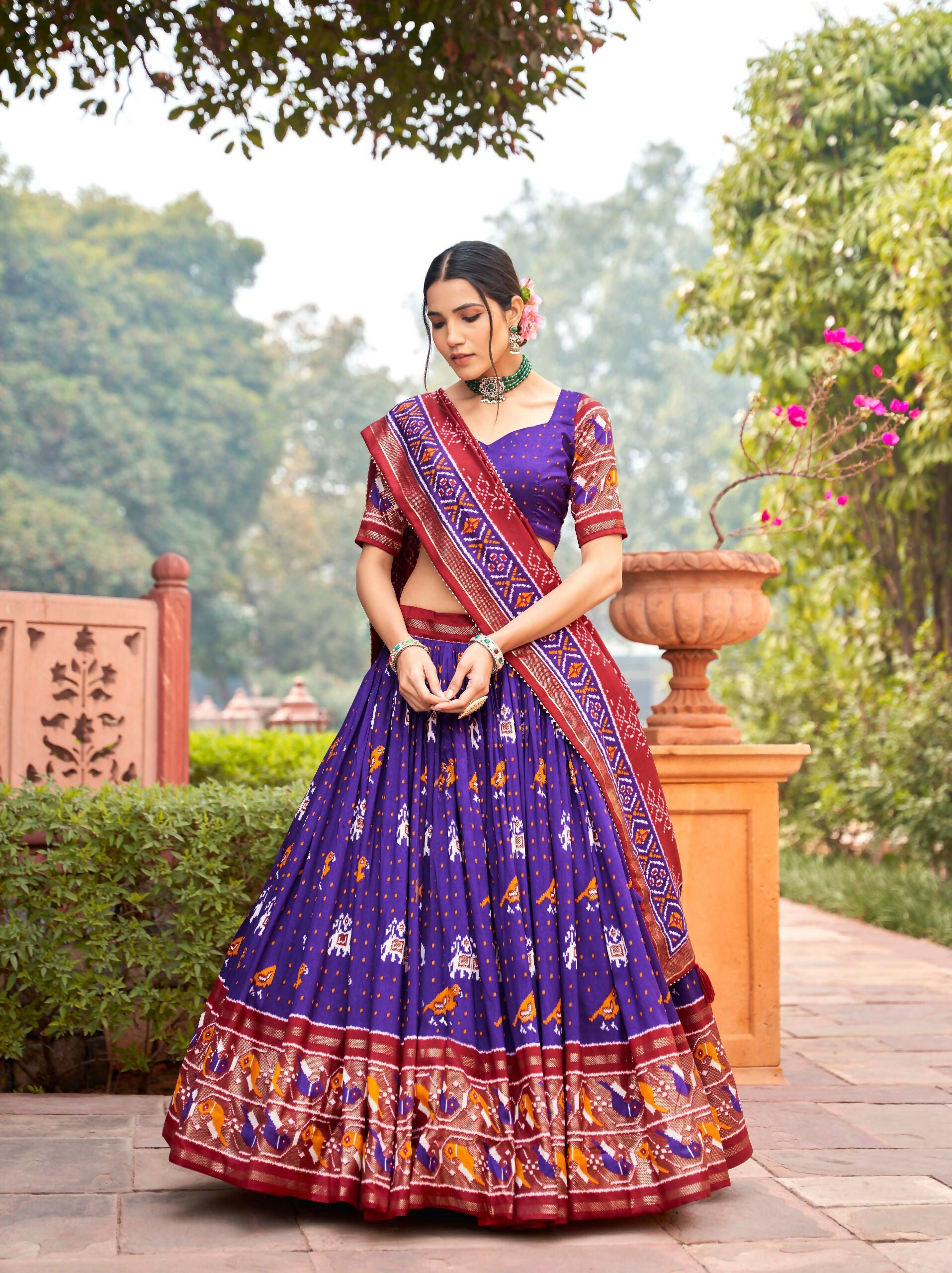 Vastranavya Patola Printed and Foil Work Tussar Silk Lehenga with Unstitched Blouse - Purple - Distacart