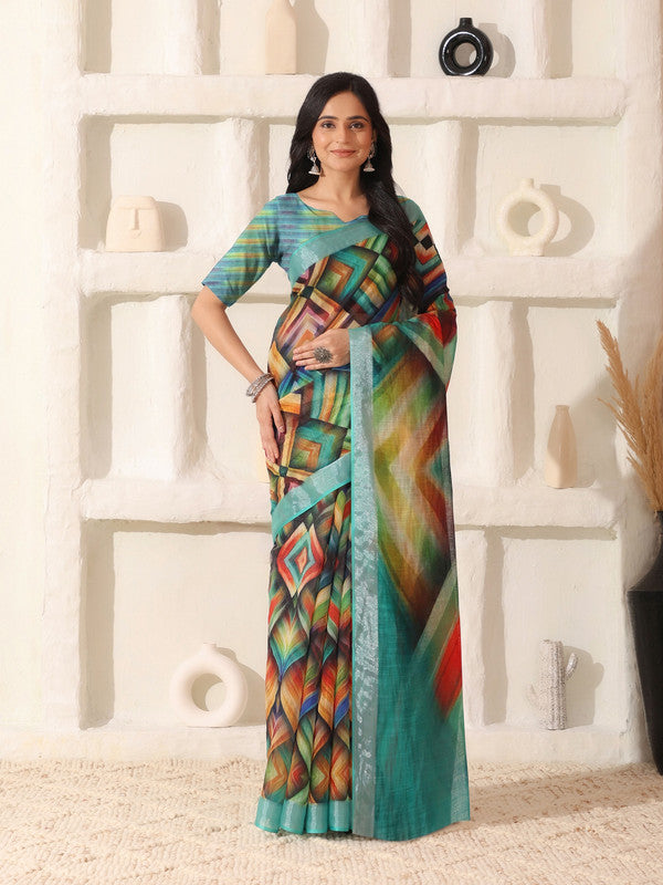 Shivam Fabrics Multi Color Linen Fabric Printed Saree