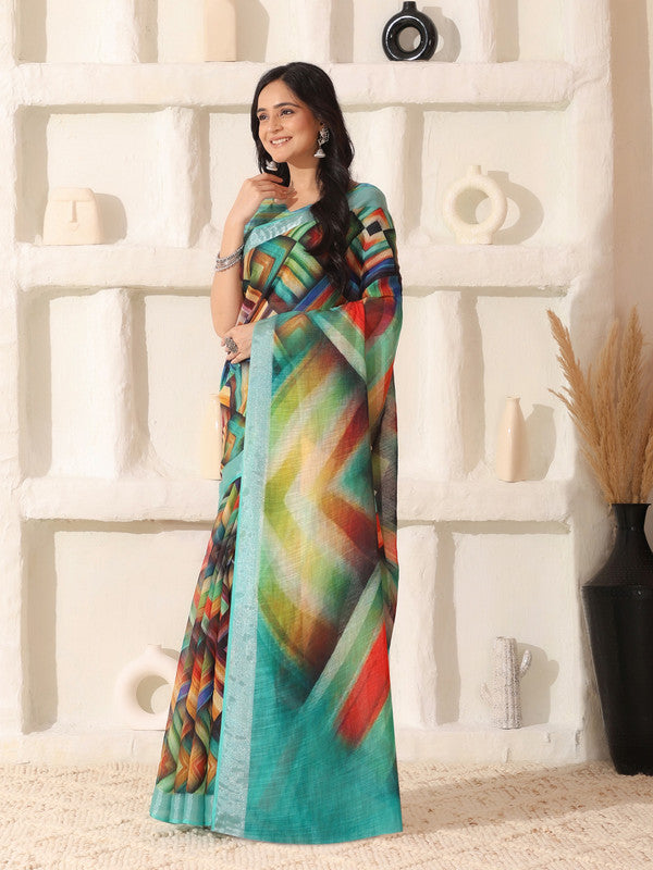 Shivam Fabrics Multi Color Linen Fabric Printed Saree