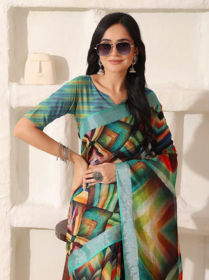 Shivam Fabrics Multi Color Linen Fabric Printed Saree - Distacart