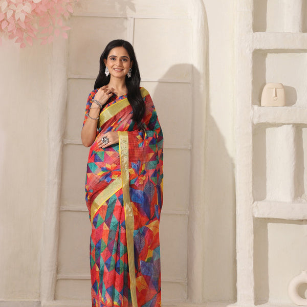 Shivam Fabrics Red Linen Fabric Printed Saree