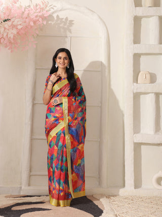 Shivam Fabrics Red Linen Fabric Printed Saree