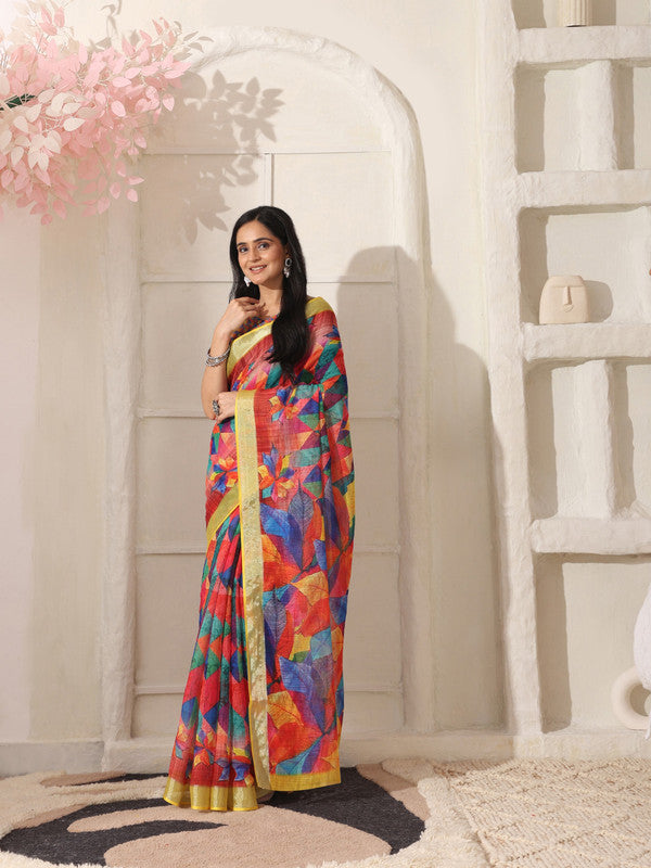 Shivam Fabrics Red Linen Fabric Printed Saree