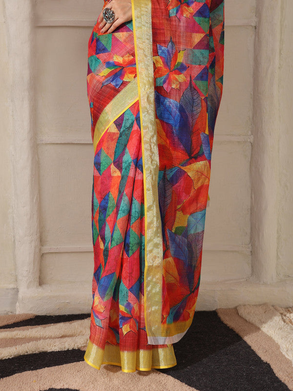Shivam Fabrics Red Linen Fabric Printed Saree