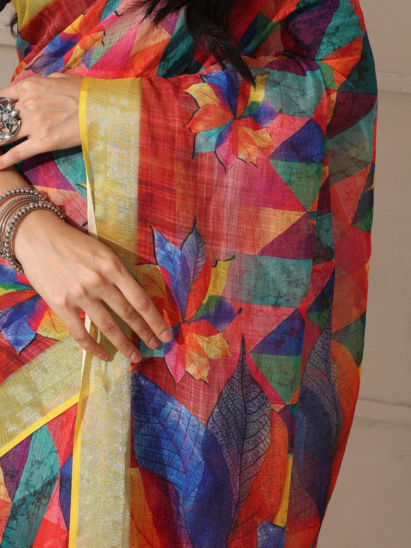 Shivam Fabrics Red Linen Fabric Printed Saree