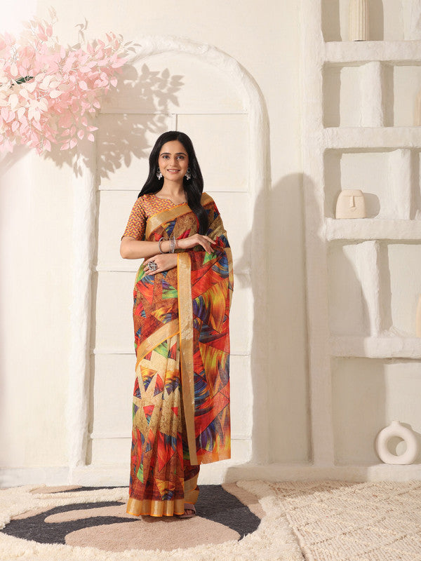 Shivam Fabrics Multi Color Linen Fabric Printed Saree - Distacart