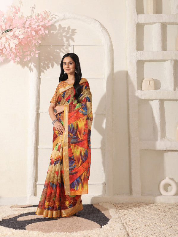 Shivam Fabrics Multi Color Linen Fabric Printed Saree