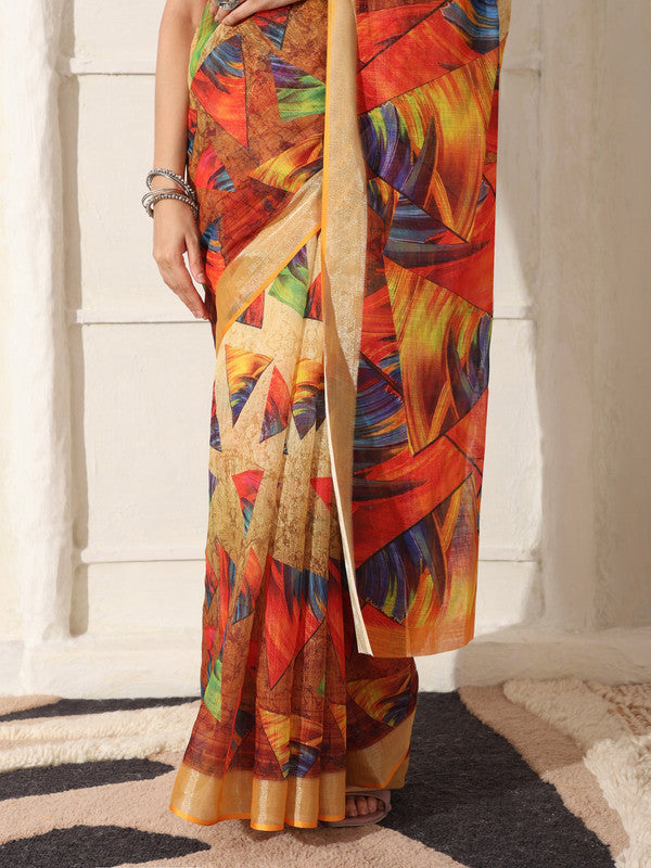 Shivam Fabrics Multi Color Linen Fabric Printed Saree