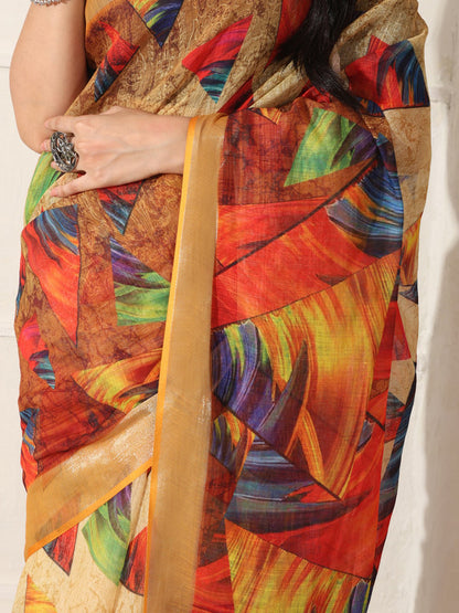 Shivam Fabrics Multi Color Linen Fabric Printed Saree - Distacart