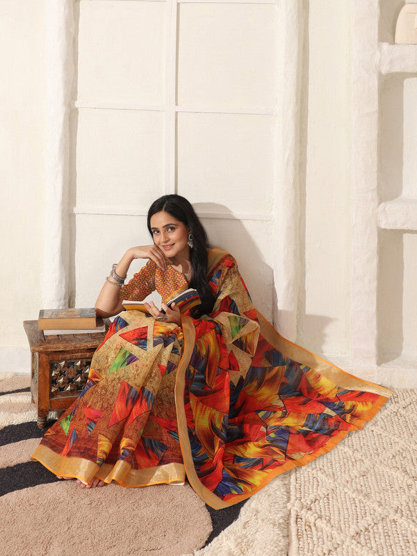 Shivam Fabrics Multi Color Linen Fabric Printed Saree