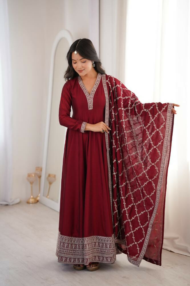 Lehenga Mart Designer Anarkali Suit With Kurta, Dupatta For Women-Dark Maroon - Distacart