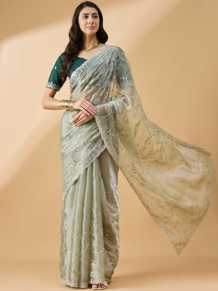 Green Organza Sequence Embroidered Saree with Unstitched Blouse - Satya - Distacart
