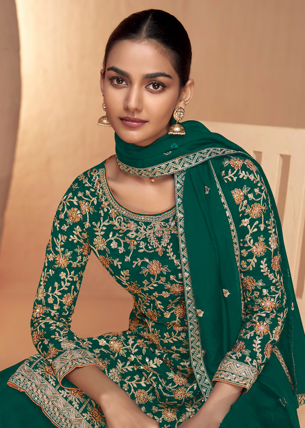Green Real Chinnon Embroidered Wedding Festive Palazzo Suit - Emponline - Distacart