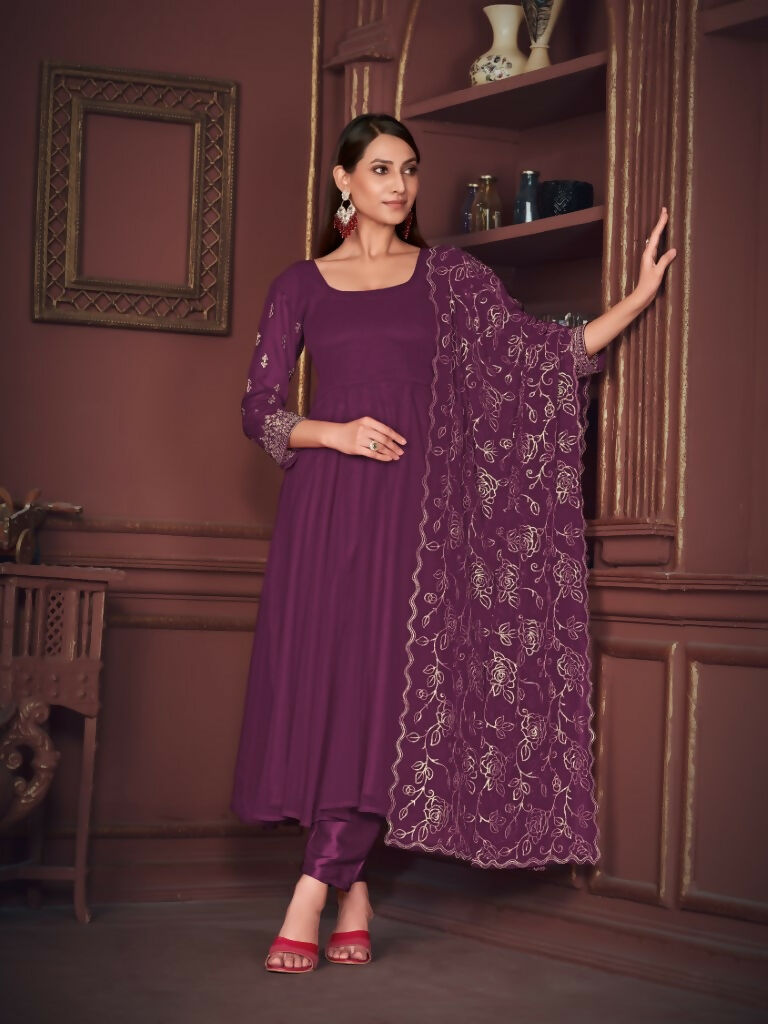 Jyoti Fashion Women's Purple Georgette Embroidered Anarkali Kurta Pant Set With Dupatta - Distacart
