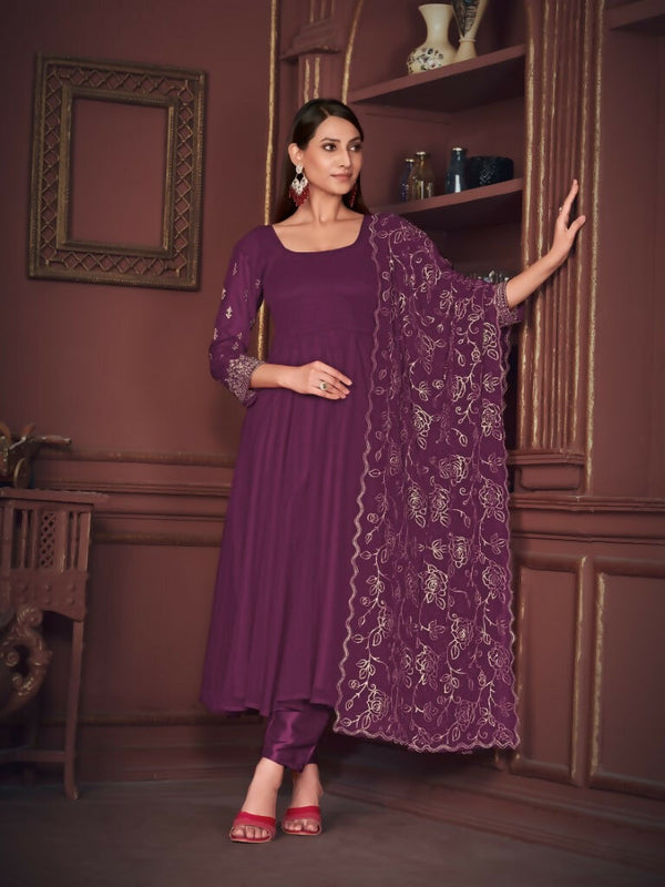 Jyoti Fashion Women's Purple Georgette Embroidered Anarkali Kurta Pant Set With Dupatta - Distacart