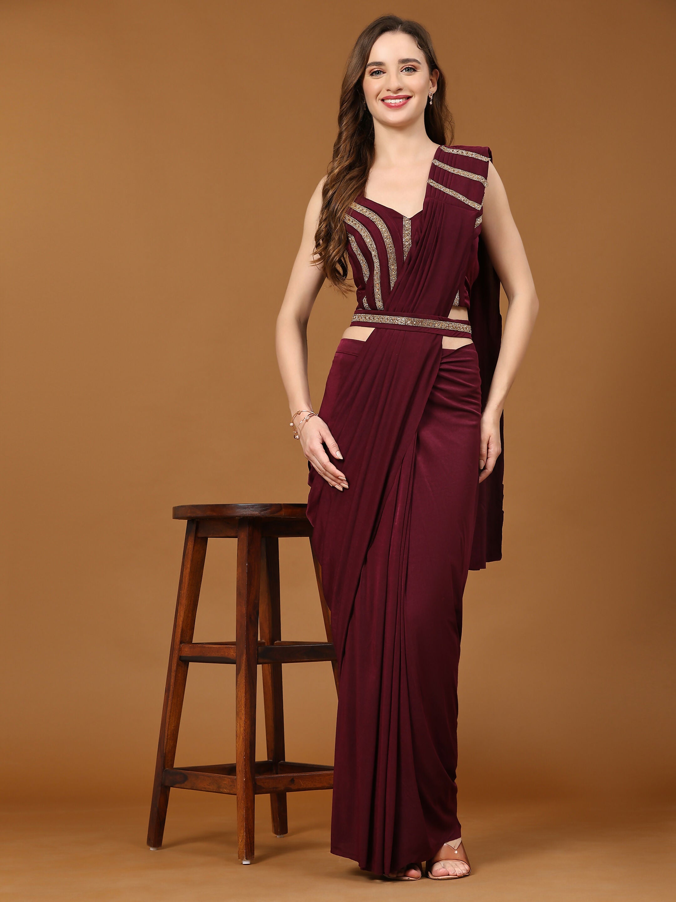 Maroon Polyester Solid Ready to Wear Saree with stitched Blouse - Nita - Distacart