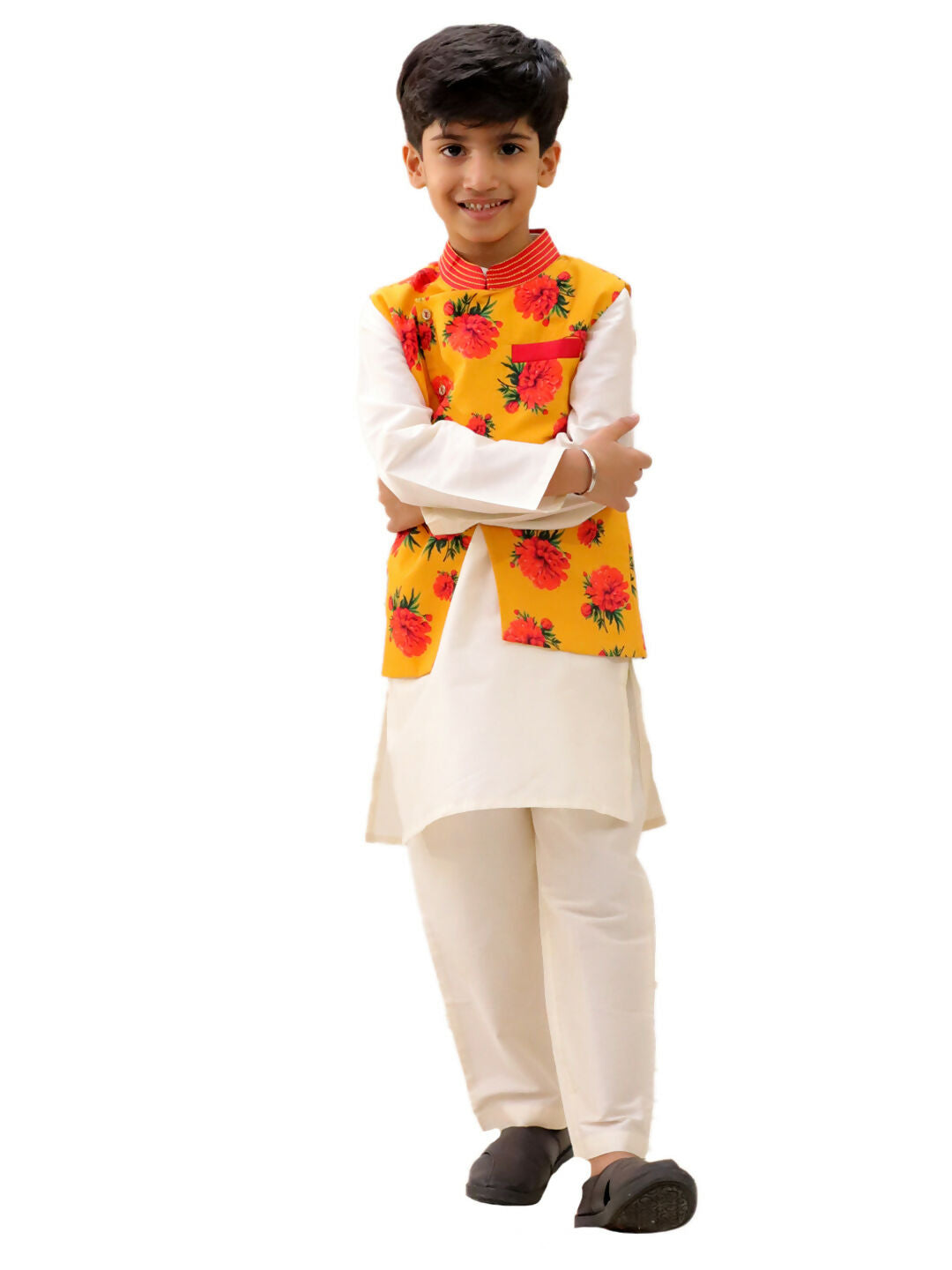 Lil Drama Genda Phool White Kurta and Pant with Mustard Jacket Set for Boys