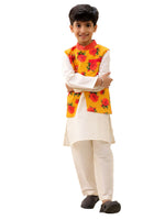 Thumbnail for Lil Drama Genda Phool White Kurta and Pant with Mustard Jacket Set for Boys